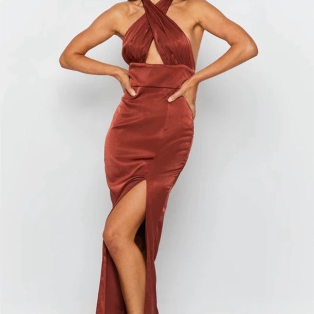 Beginning Boutique Copper Halter Backless Dress